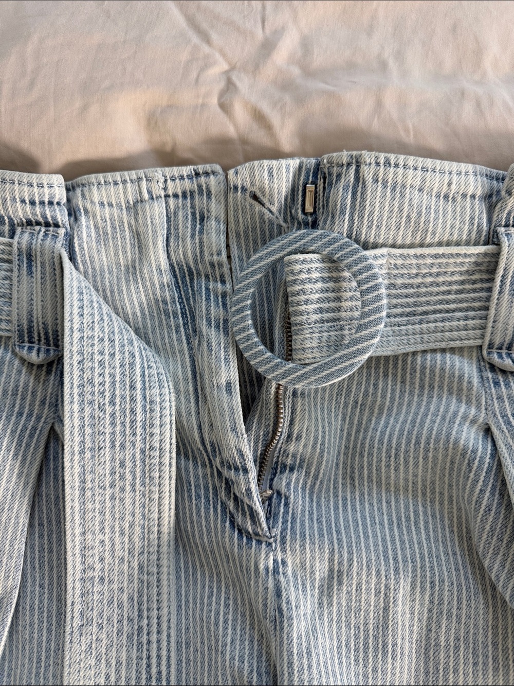 Sezane Light Blue Striped Denim Belted Shorts - Picture 3 of 4